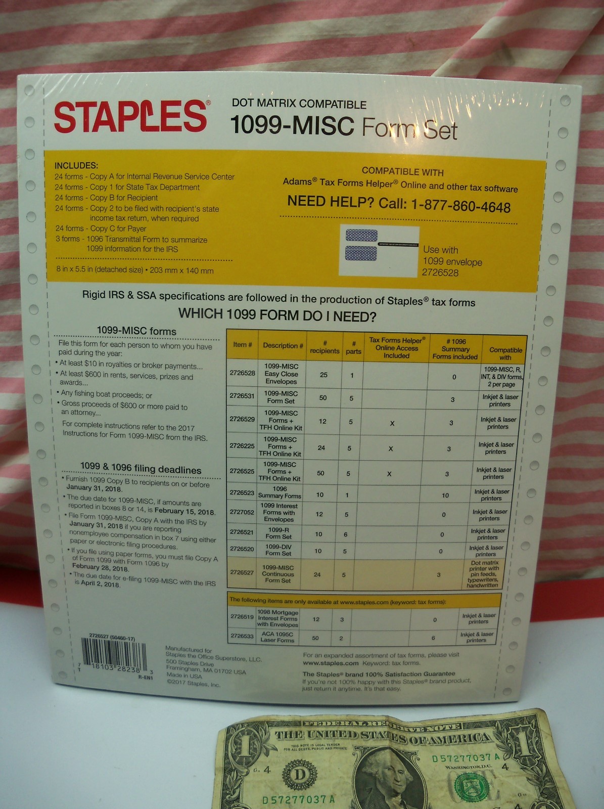 24 Ct Pack Staples 2017 Dot Matrix IRS Tax Form 1099-Misc 5-Part Form Sets USA