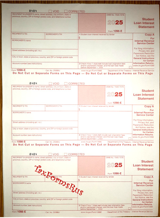 2025 IRS Tax Form 1098-E single sheet set for 3 borrowers, NONcarbonless 2pt 3up