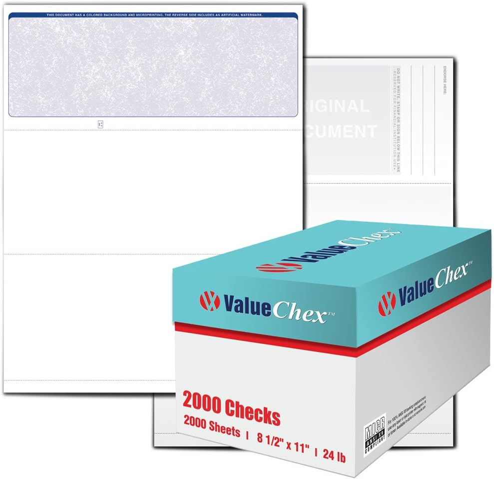Valuechex Blank Check Paper – Form #1000 Business Voucher Check on Top – Blue –