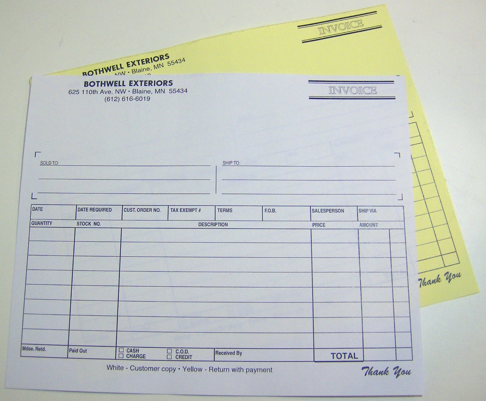 Printed Carbonless Forms, 2-Part, 8.5″ x 7″ Custom 500 Sets, 1-color invoice