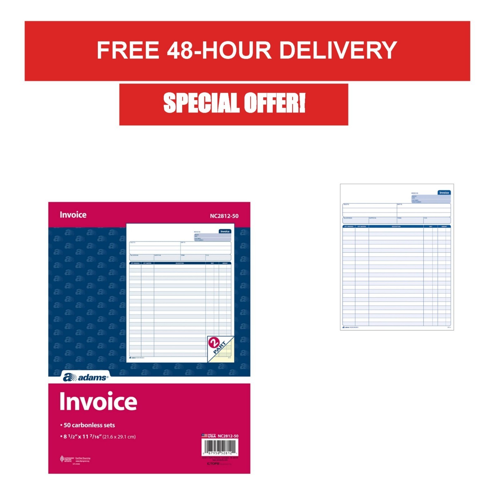 Adams Invoice Sets, 2-Part Carbonless, 50 Sets, 8.5″ x 11.4375″
