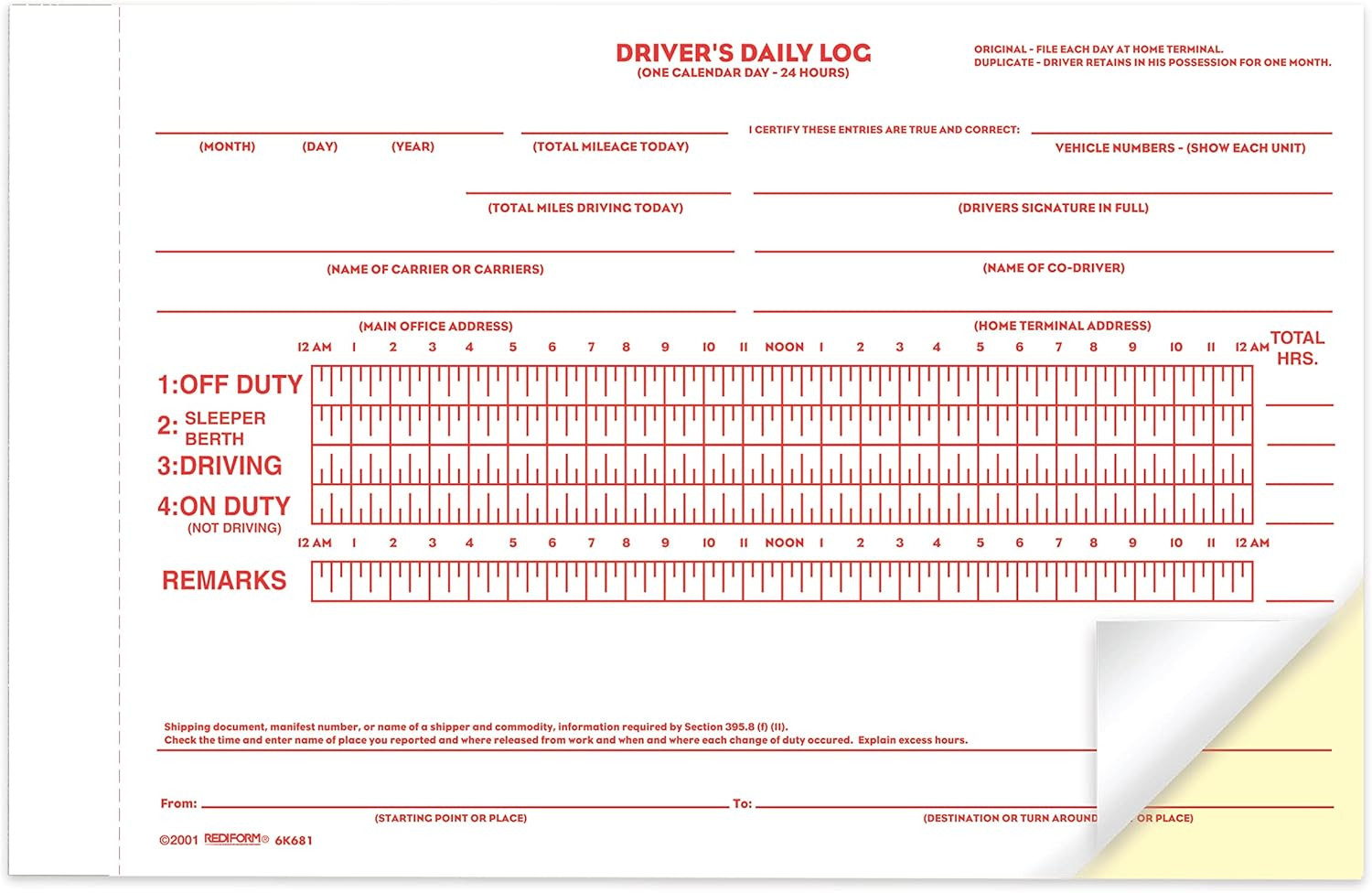 Driver’s Daily Log Book, Carbon, 2 Part, 5.5 x 7.875 Inches, 31 Forms (6K681)