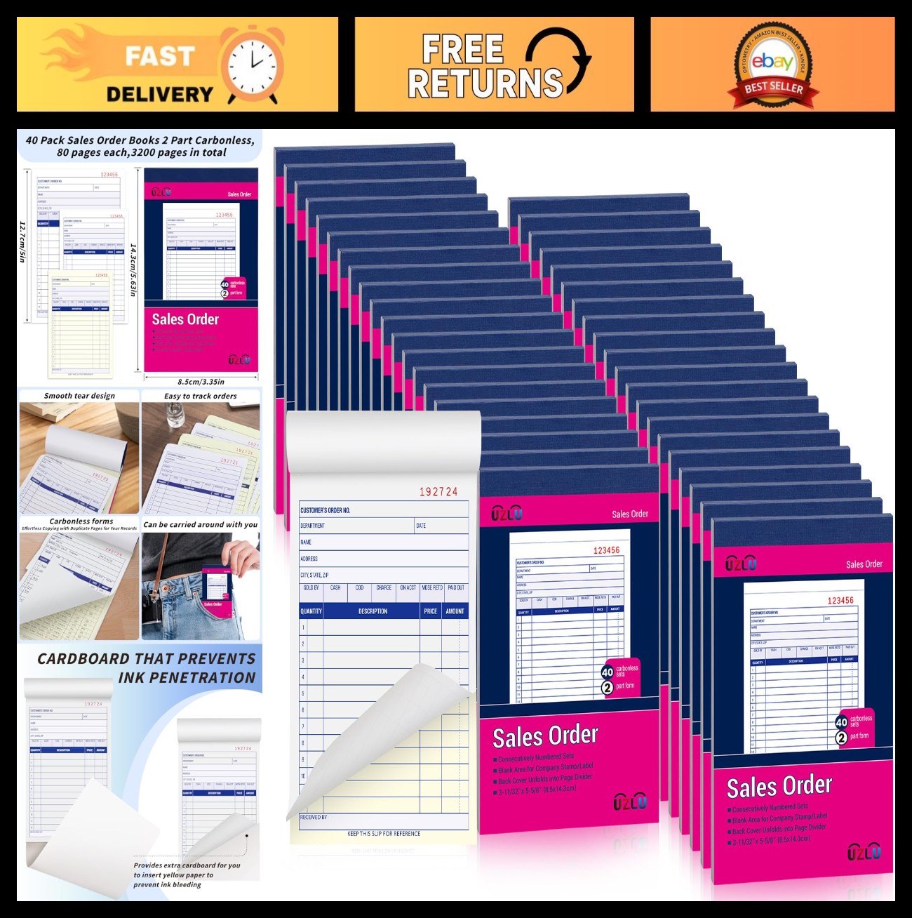 40 Pack Carbonless Sales Order Book, 2-Part Receipt Forms, Invoice, 3.3″x5.6