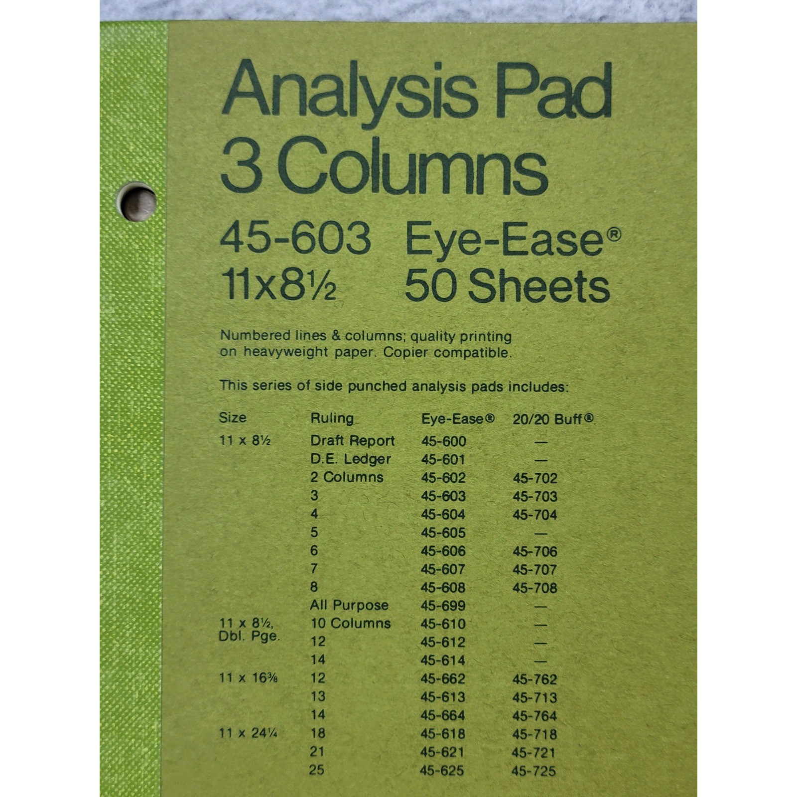 National 45-603 Analysis Pad 3 Columns Eye-Ease Green 11×8.5 50 Sheet Made in US