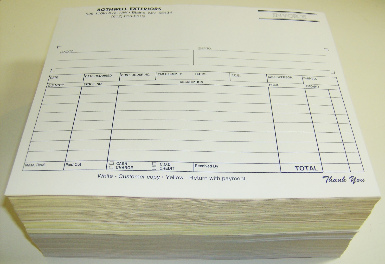 Printed 3-Part Forms, 250 sets 8.5″ x 7″ Custom Carbonless Business forms
