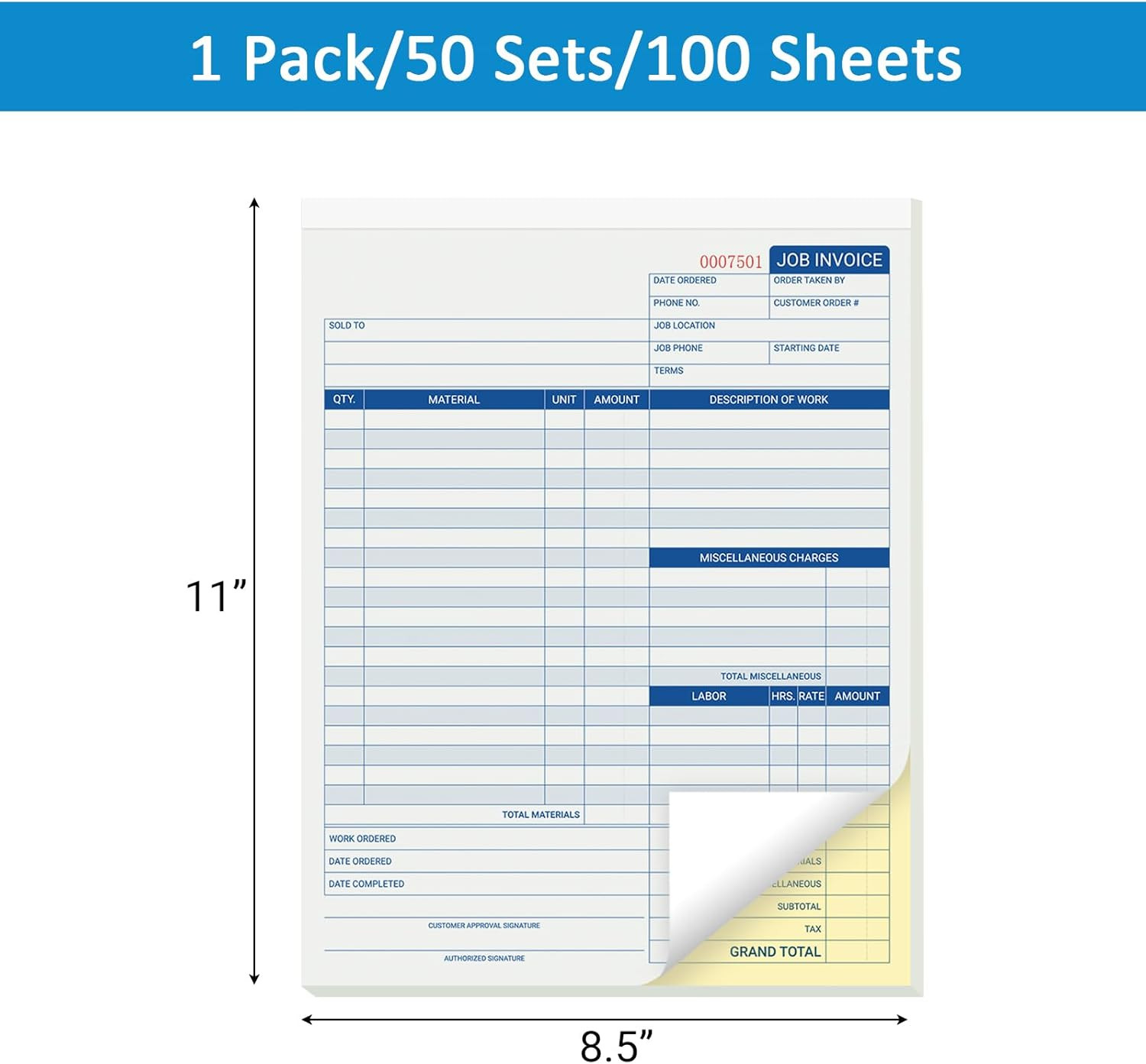 50 Sets Job Invoice Forms, 2 Part Carbonless, 8.5X11 Inch Work Order Forms for S