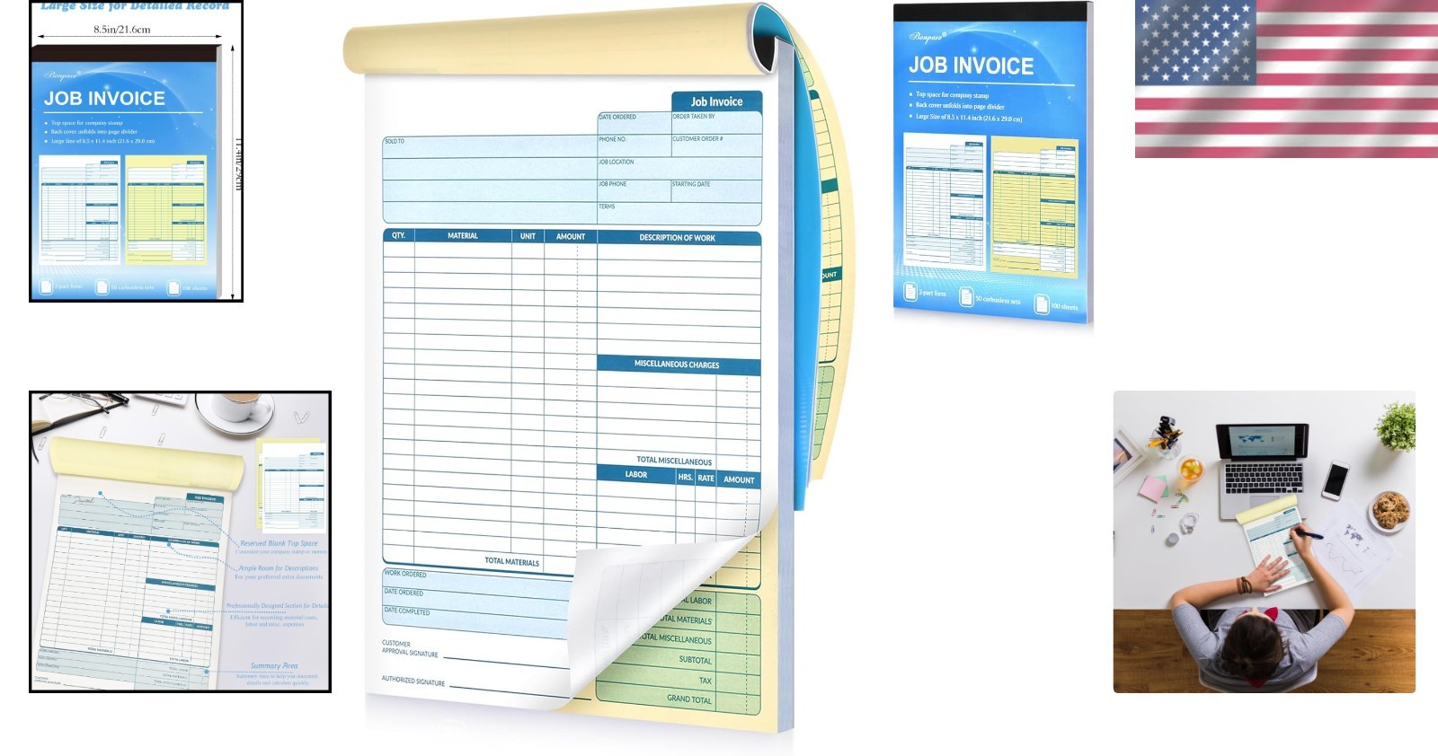 2 Pcs Contractors Invoice Book Carbonless Forms Receipt 8.5 x 11 Inch Work Order