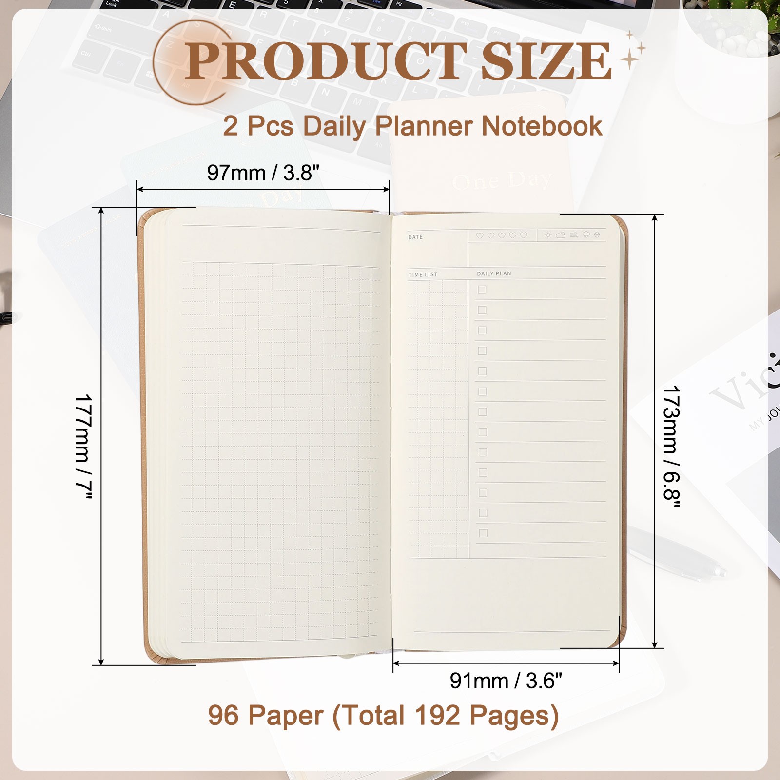 2Pcs Daily Planner Notebook, 7 x 3.8″ to Do Notebook, Brown