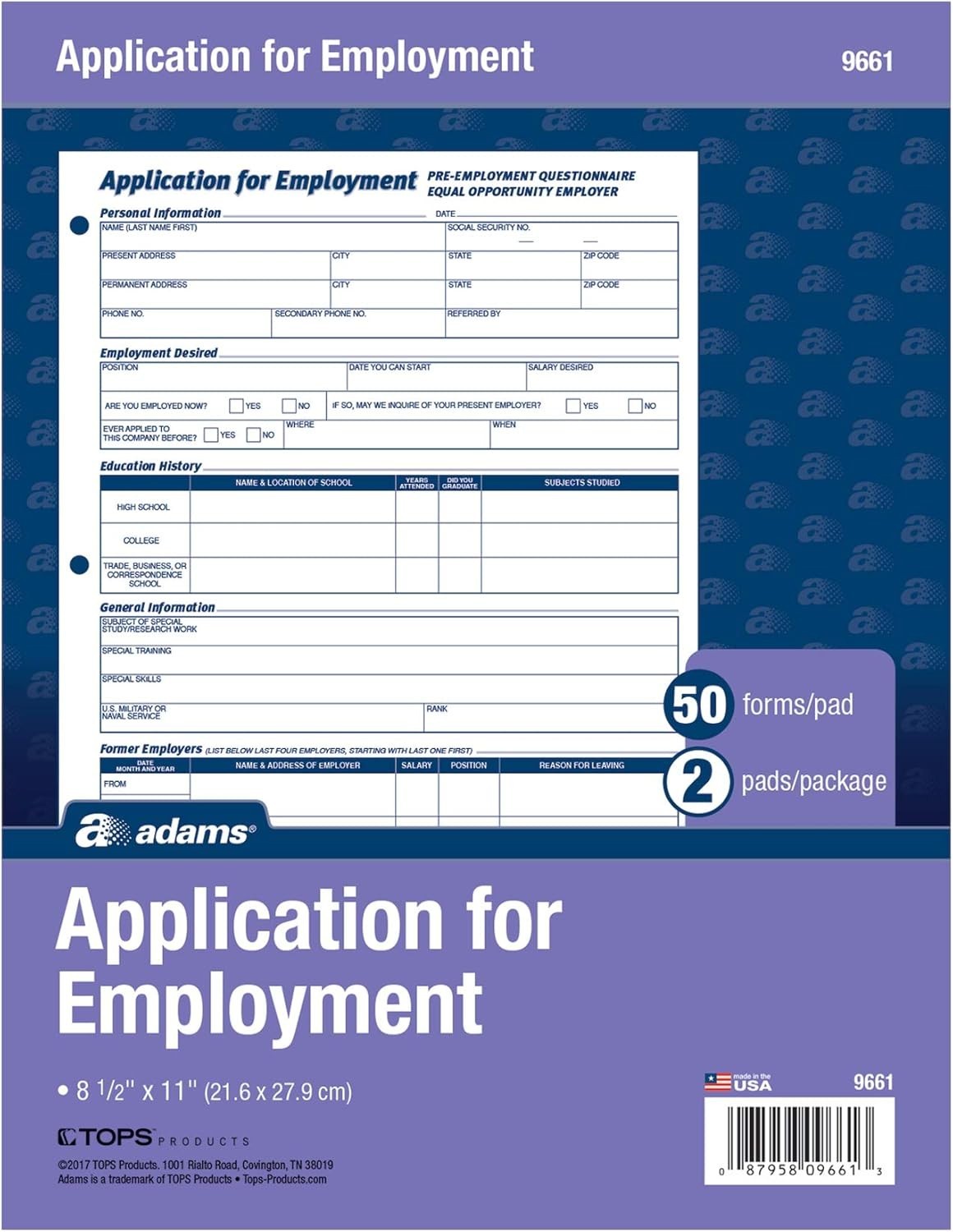 Adams Applications for Employment, 8.5 x 11 Inch, 3-Hole Punched,