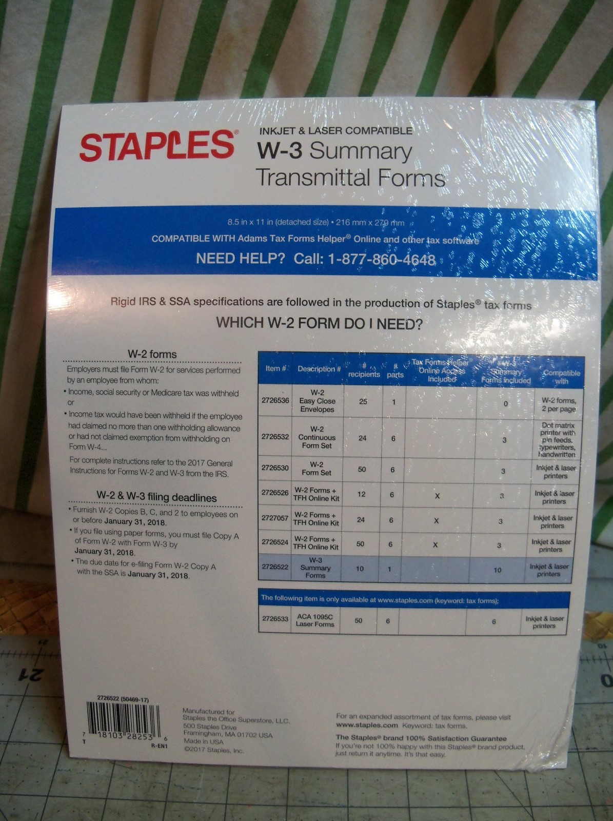 2017 Staples W-3 Summary Transmittal Forms 10 1-part Forms per Package USA