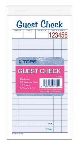 TOP45702 Guest Check Book, 2-Part Carbonless, 50 ST/BK, 10 BK/PK