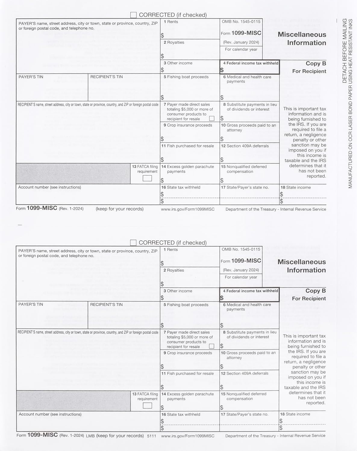 MISC Forms 2020, 4 Part Tax Forms for 50 Individuals Income Set of Laser Forms
