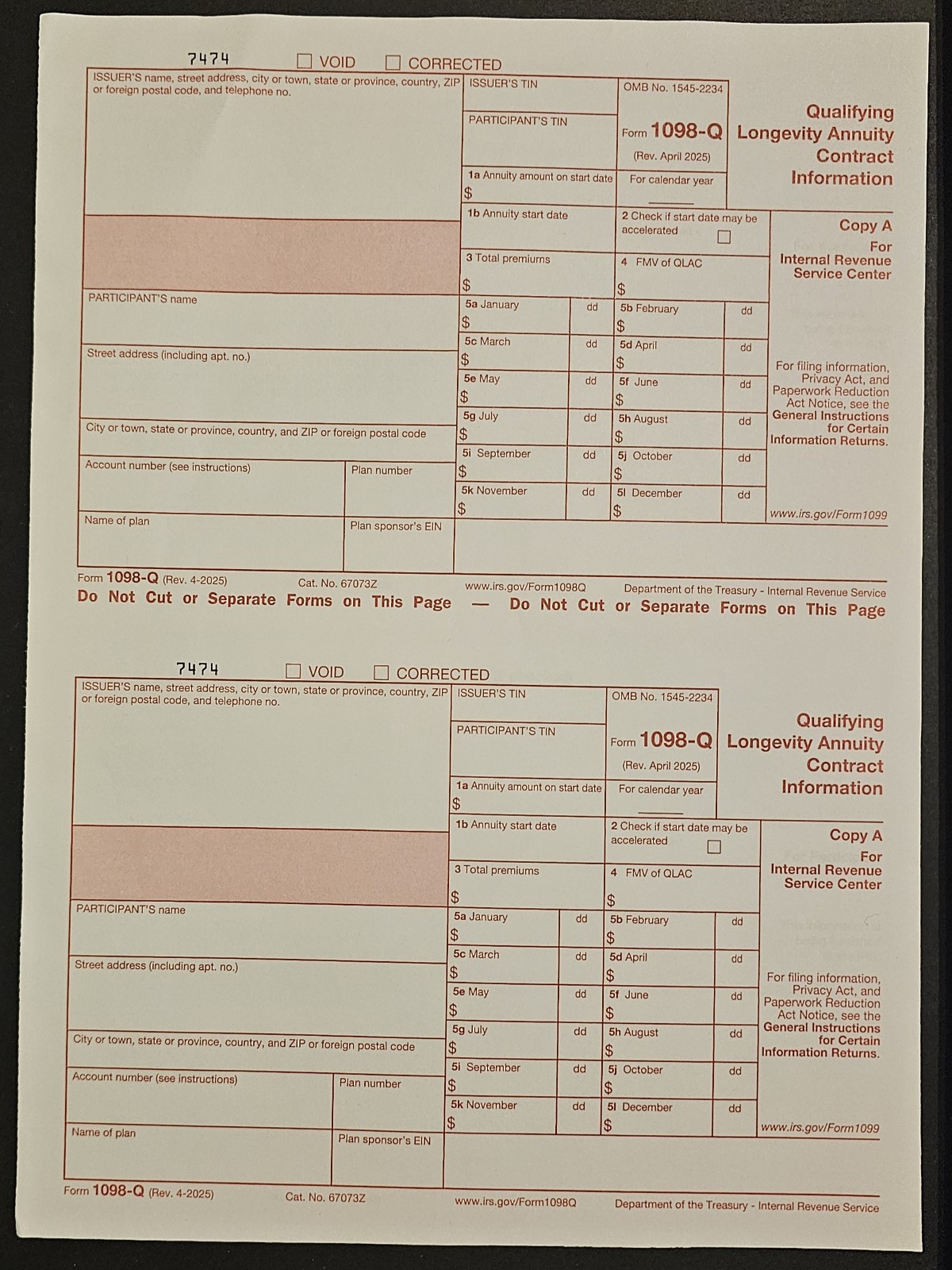 IRS Tax Form 1098-Q single 1 sheet for 2 participants, carbonless 3-part Any Yr