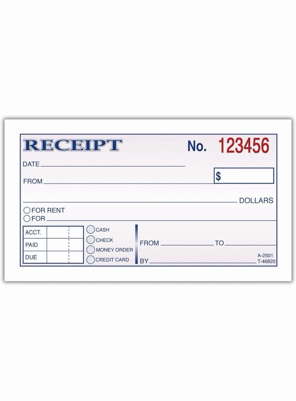 DC2501 Money / Rent Receipt, 2-3/4 x 5-3/8”, Carbonless 50 Set Book NEW
