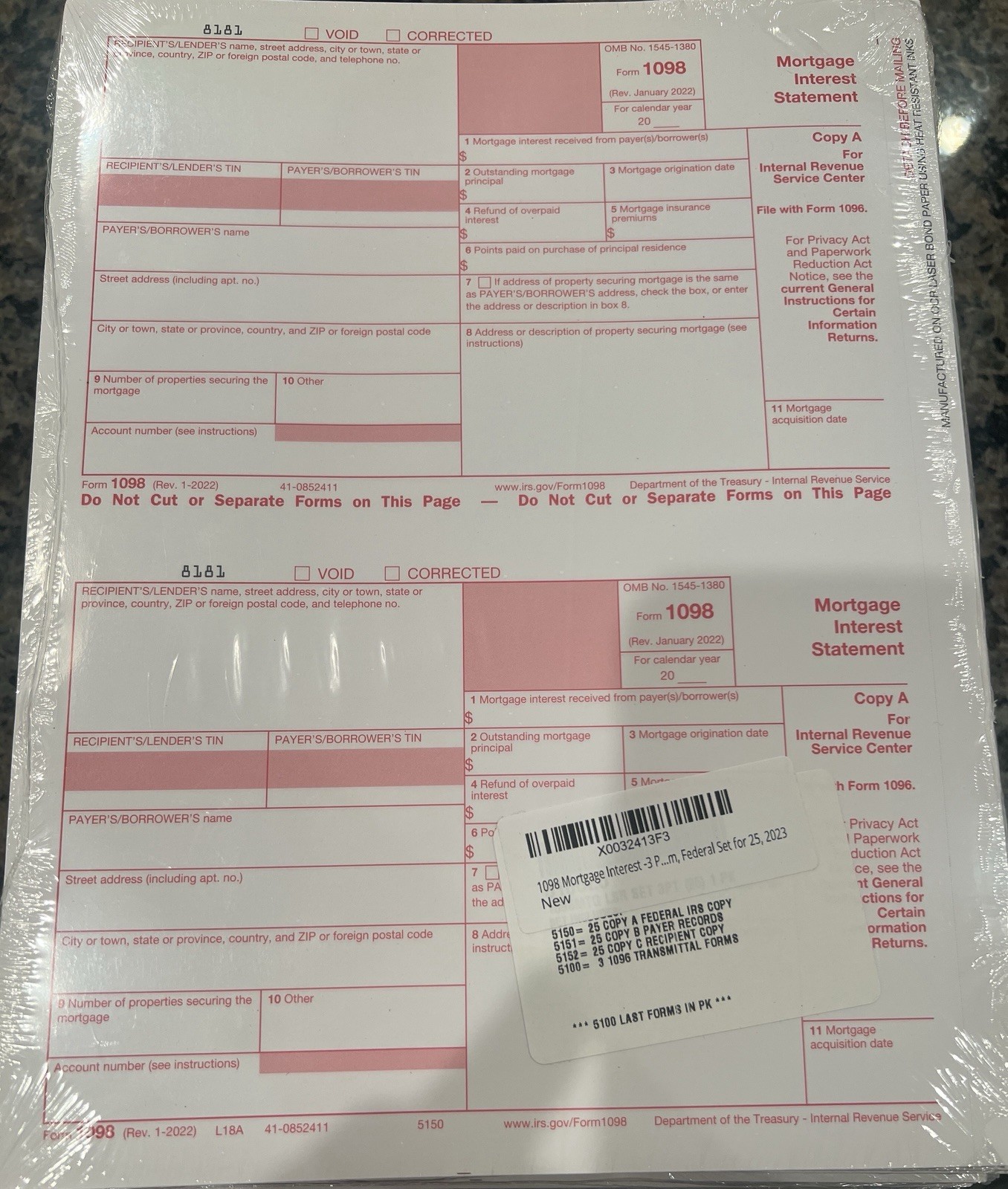 2024 IRS Tax Form 1098 Mtg Int single sheet set for 2 borrowers, carbonless 3-pt