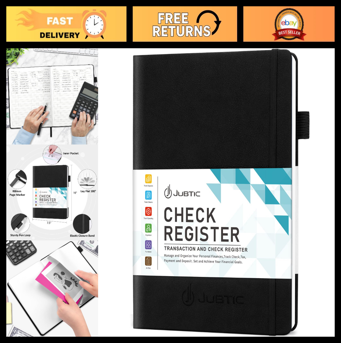 Large Hardcover Check Register Book – 7.5×10″ Accounting Ledger for Income & Exp