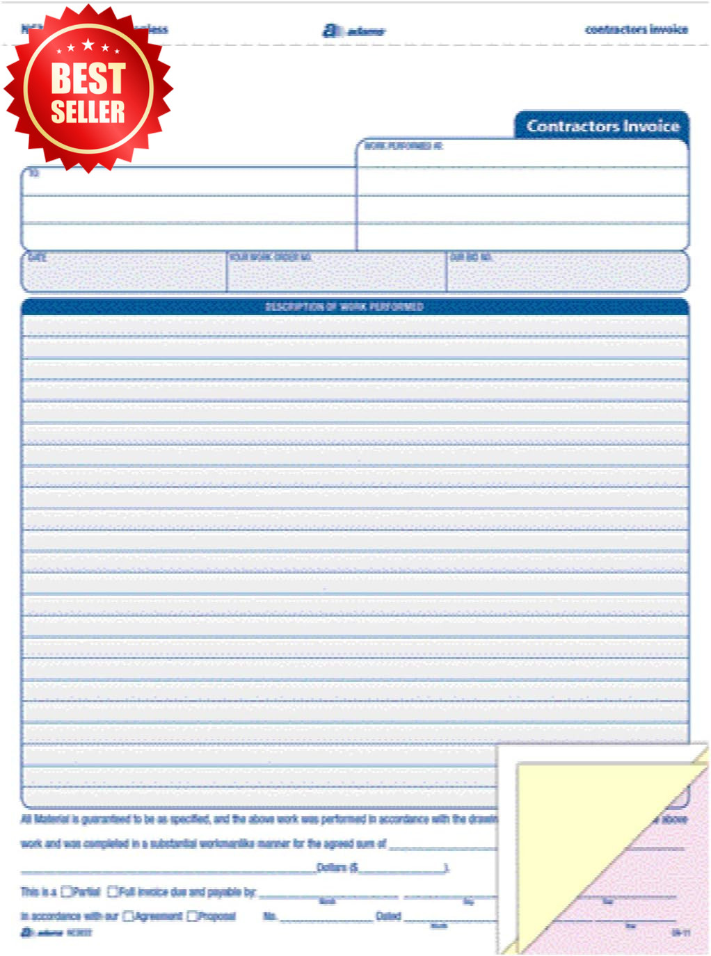 100pk Contractor Invoice Forms 3-Part Carbonless 8.5×11.44″ White/Canary/Pink US