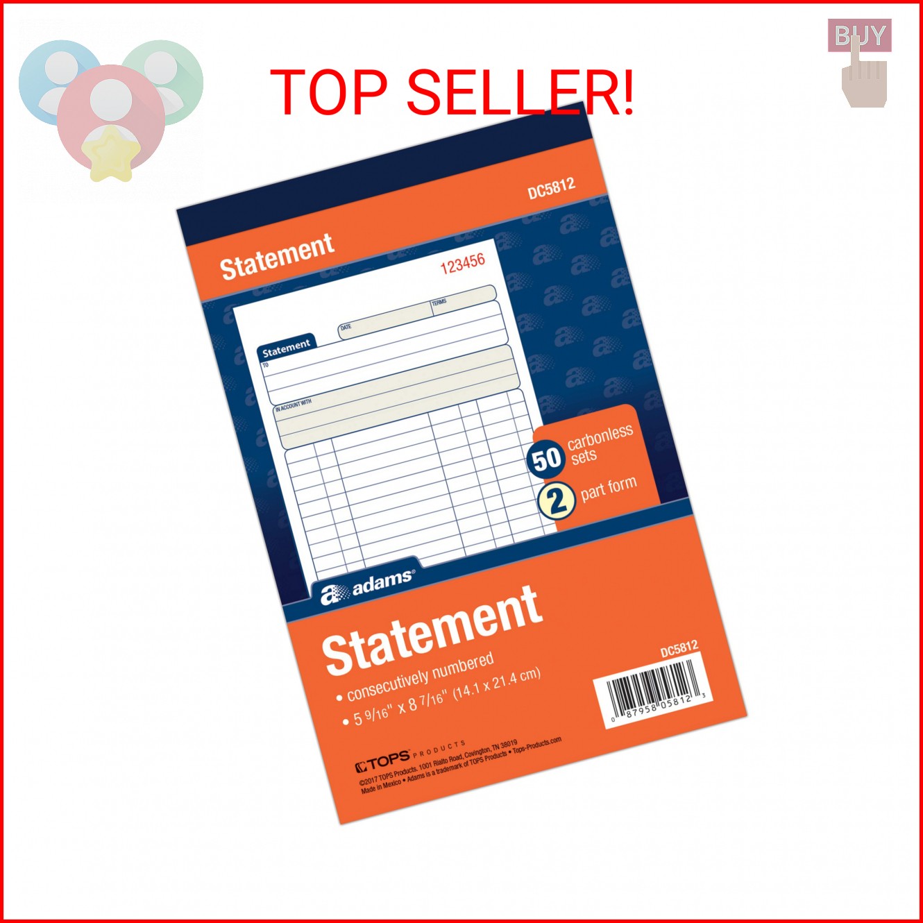 Tops Adams Statement Book, 2-Part Carbonless, White/Canary, 5-9/16 x 8-7/16 Inch