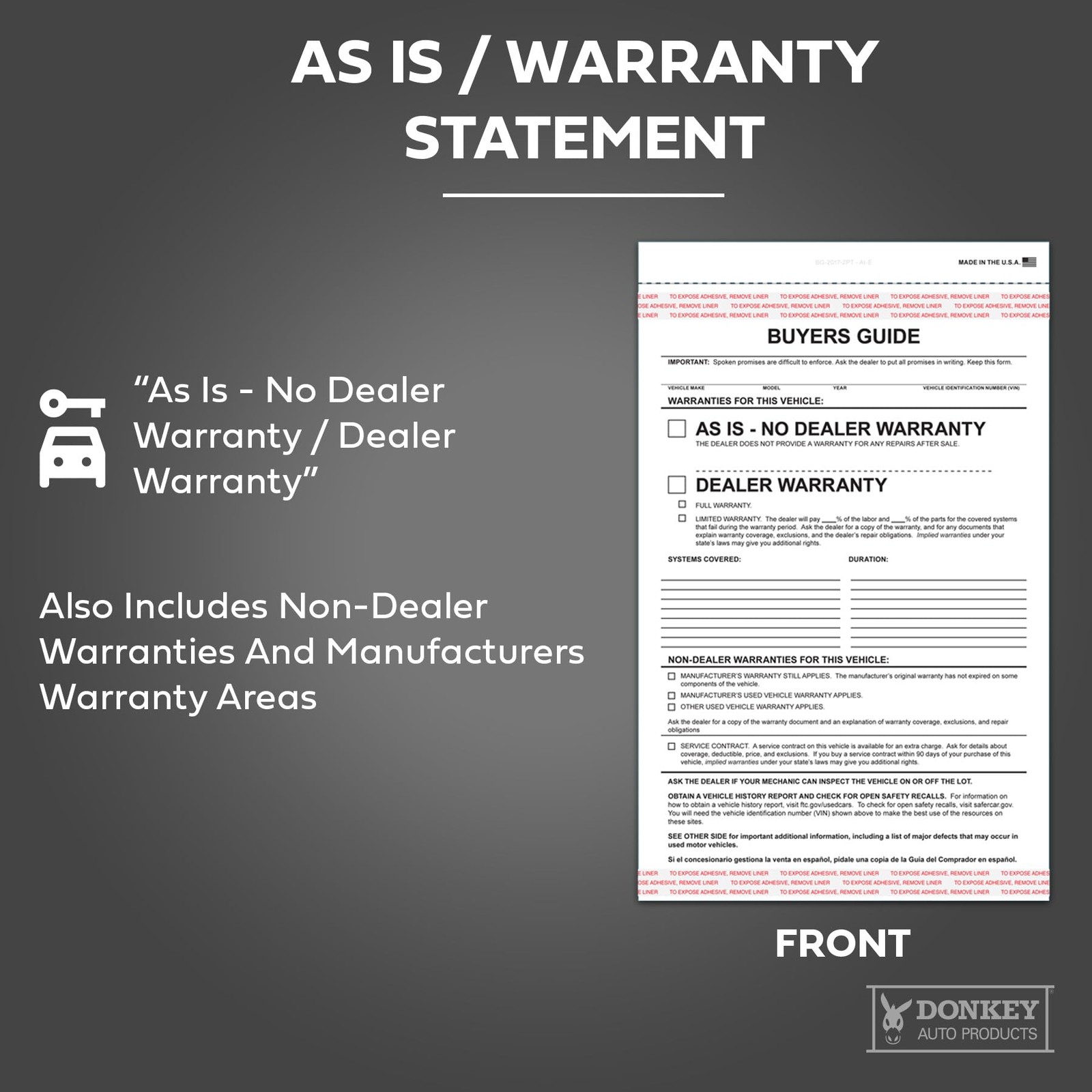 Donkey Auto Products 2 Part Buyers Guide Form – Adhesive Tape – English – As is