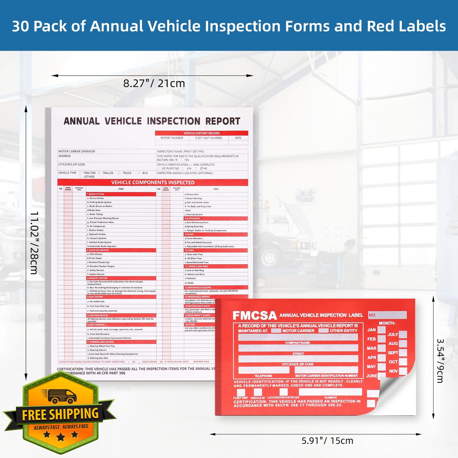 30 Vehicle Inspection Report Forms, 3-Ply Carbonless, DOT Stickers