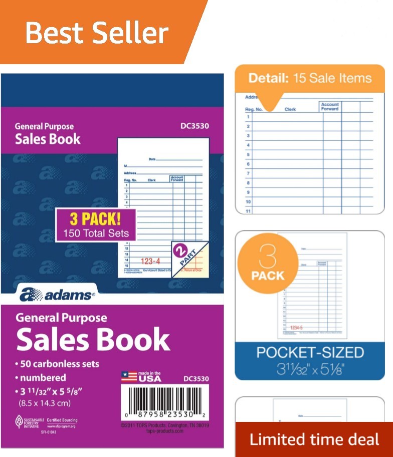 General Purpose Sales Book, 2-Part, Carbonless, White/Canary, 3-11/32 x 5-5/8…