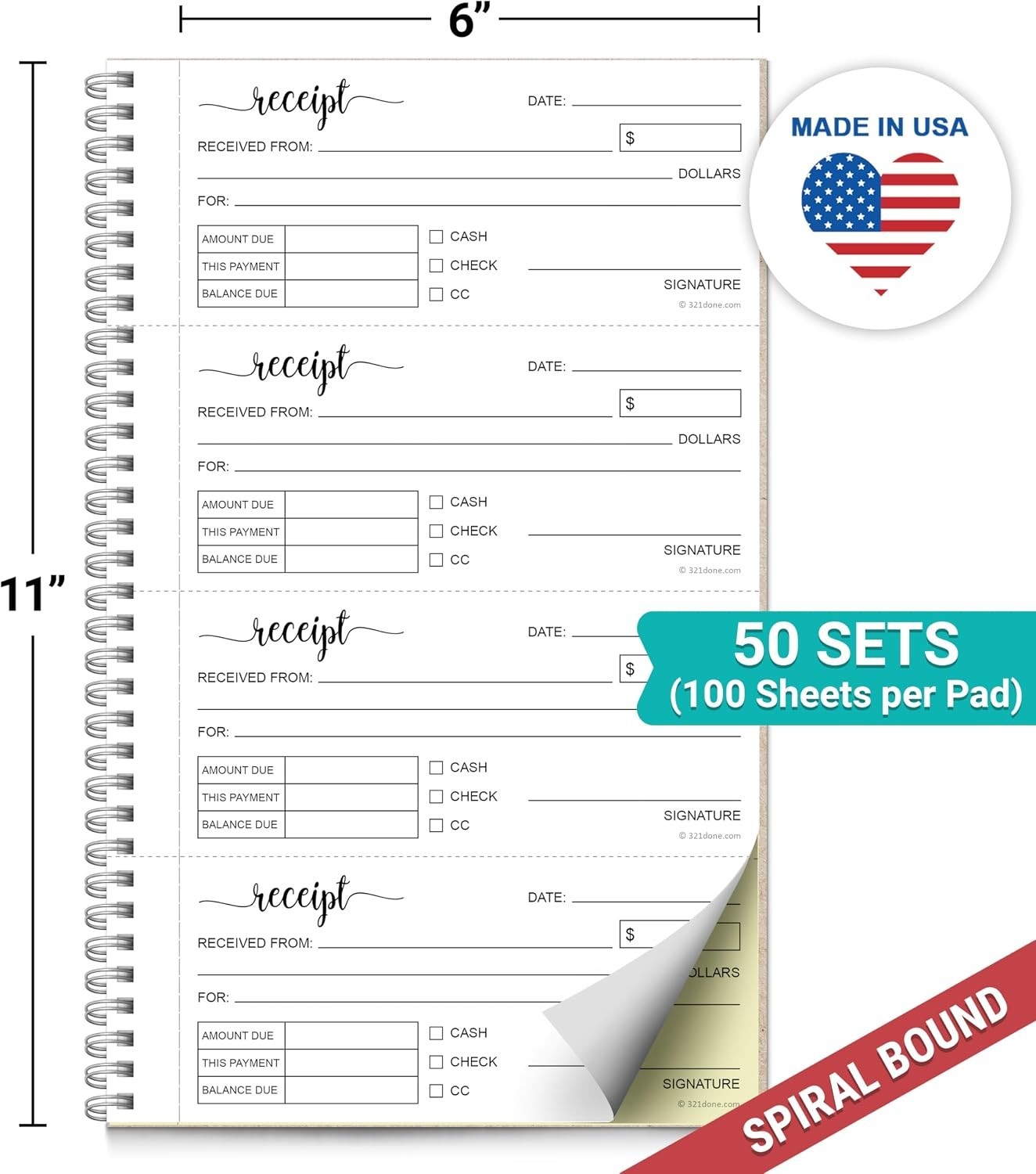 Receipt Book with Carbon Copies for Small Boutique Business, 2-Part Spiral Ca…