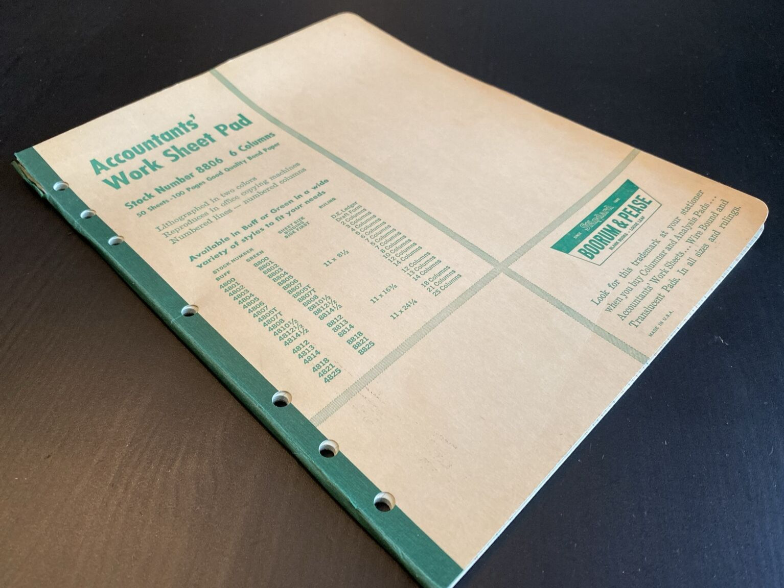 Vtg Boorum & Pease Columnar Acctg Pad 6 Column 8806 46 Unused, Blank Green Pgs