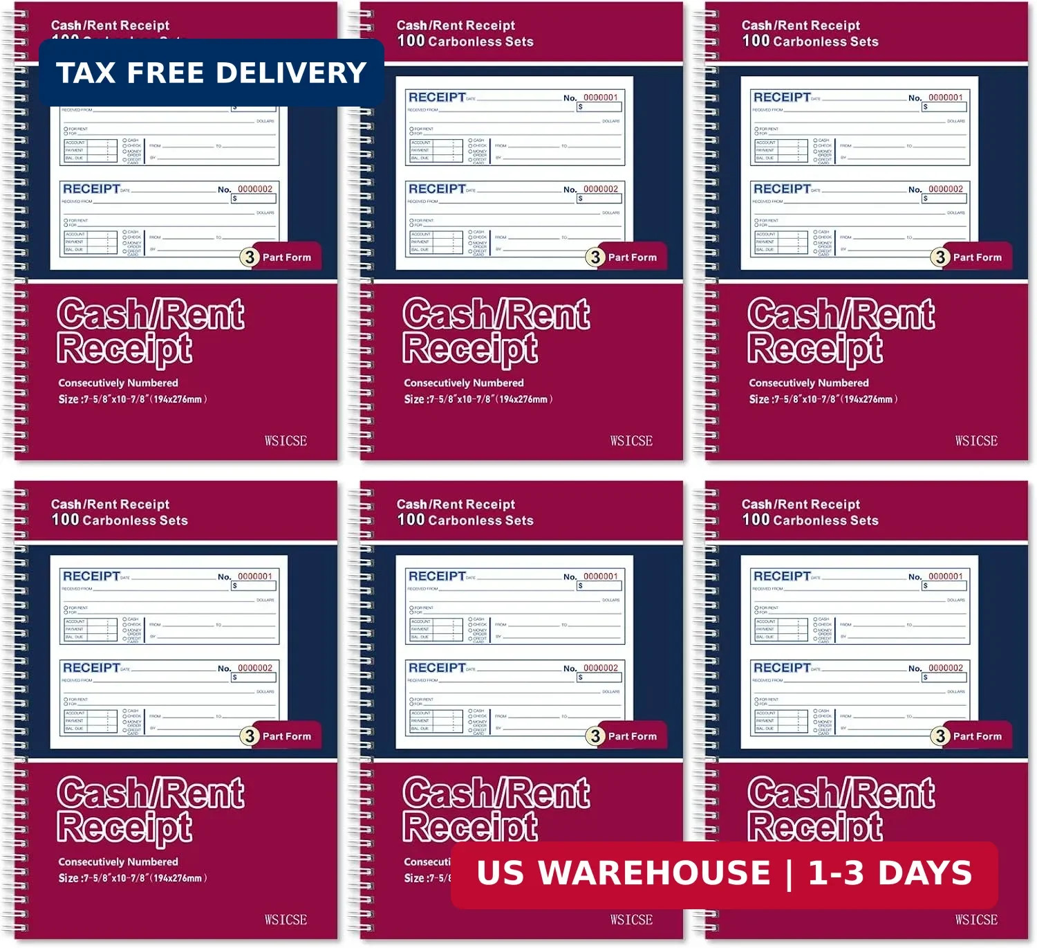 6 Pack Receipt Books,7-5/8″ x 10-7/8″ Receipt Book with Carbon Copies Spiral Bou