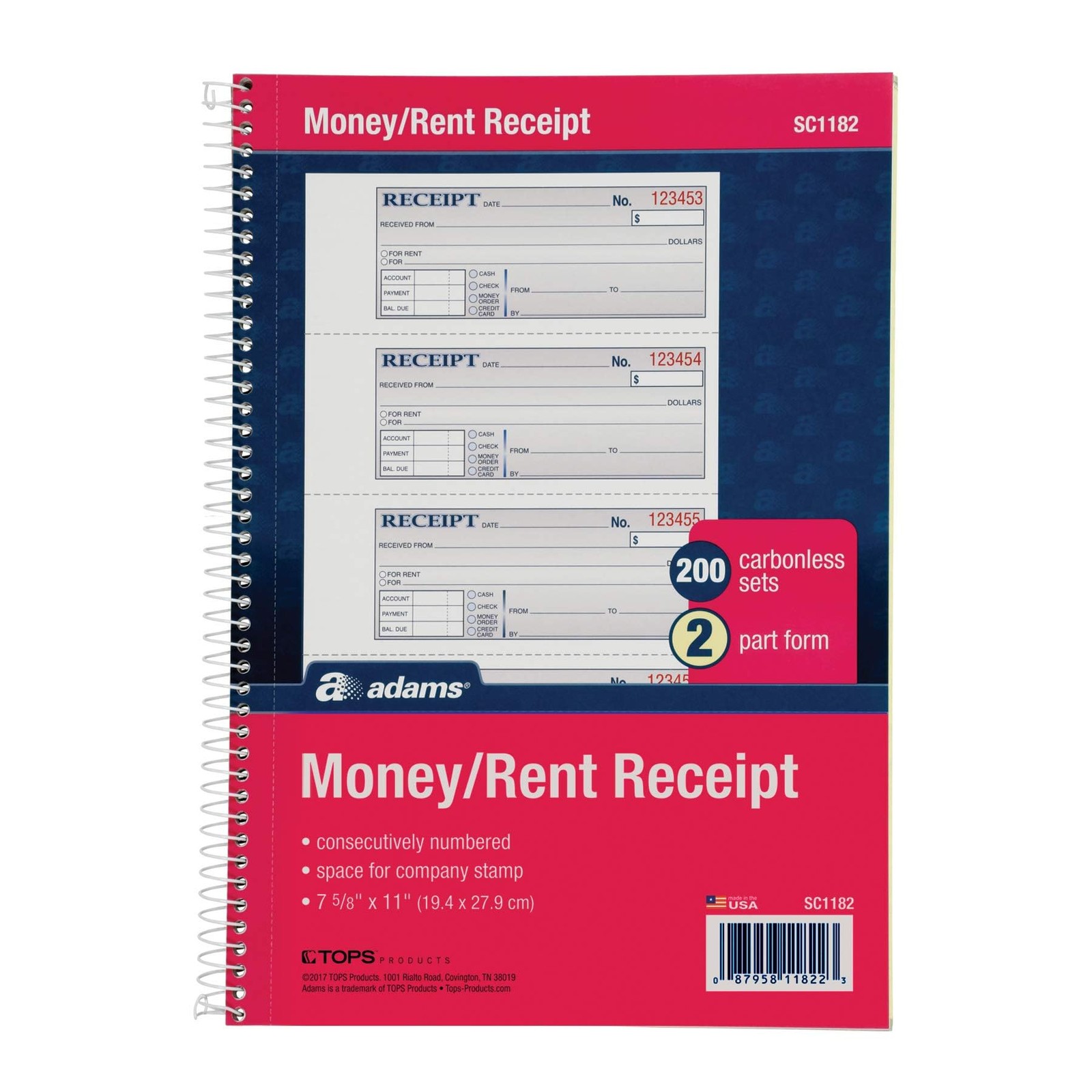 Money and Rent Receipt Book, 2-Part Carbonless, 7-5/8″ X 11″, Spiral Bound, 200