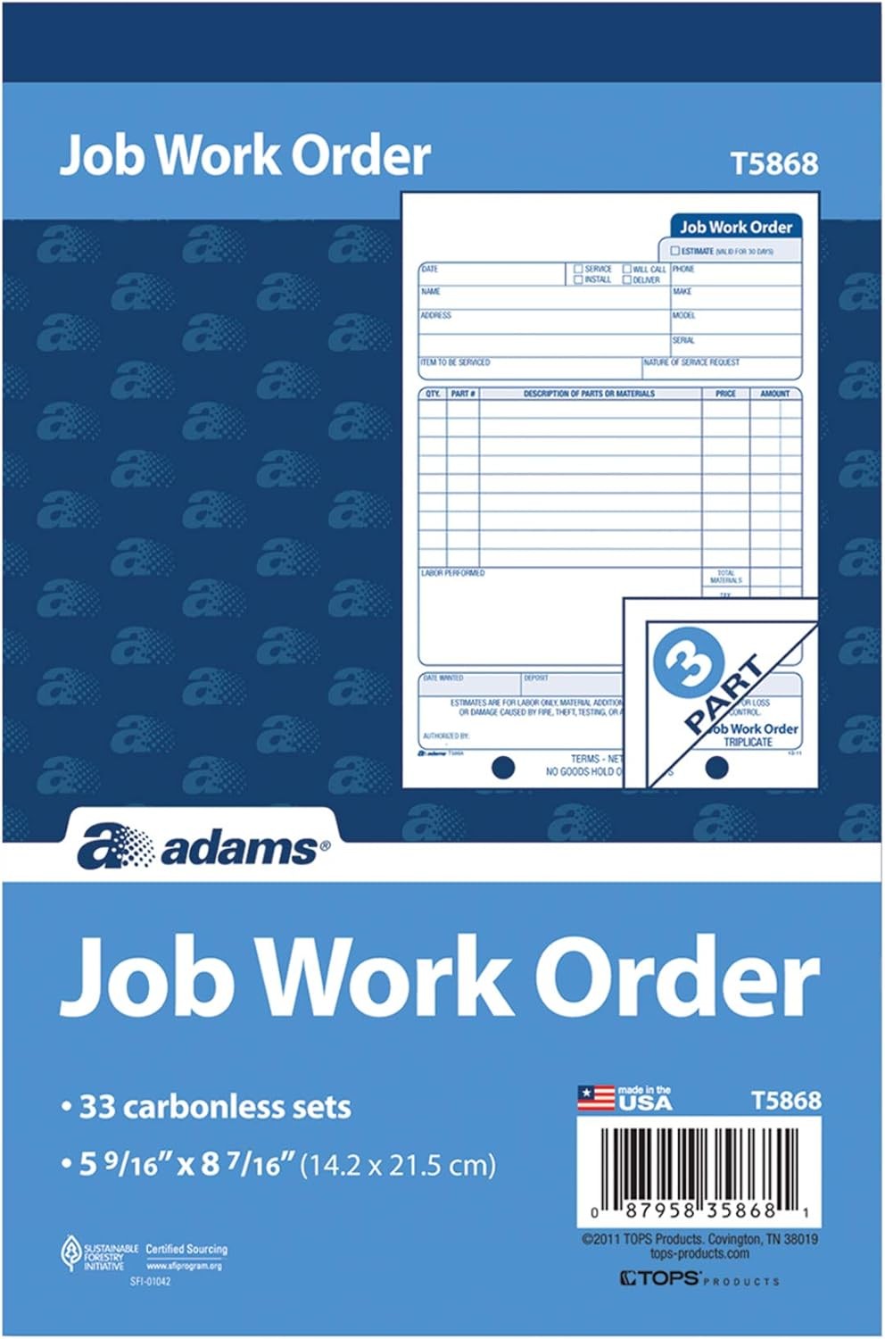 Adams Job Work Order Book, 3-Part Carbonless, White/Canary/White, 5-9/16 x 8-7/1