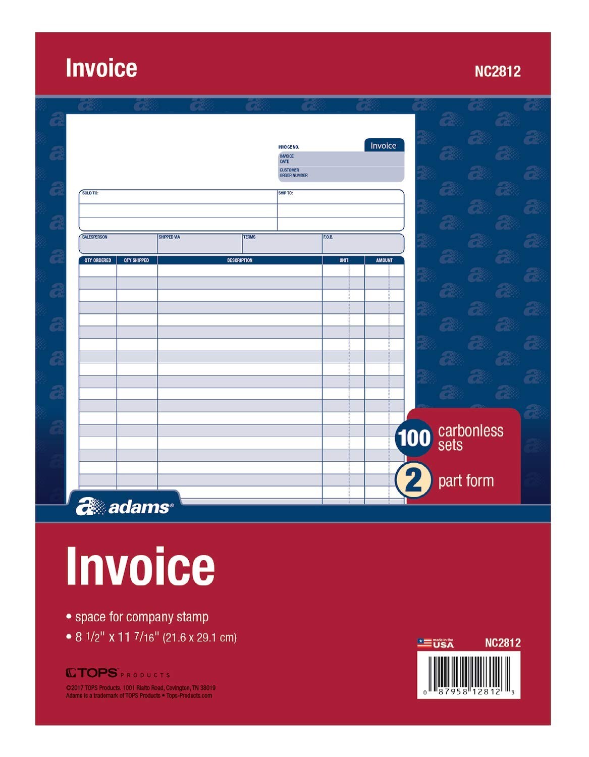 Adams NC2812 Invoice, 100 Carbonless Sets, 2 Part Form, 8 1/2″ x 11 7/16″