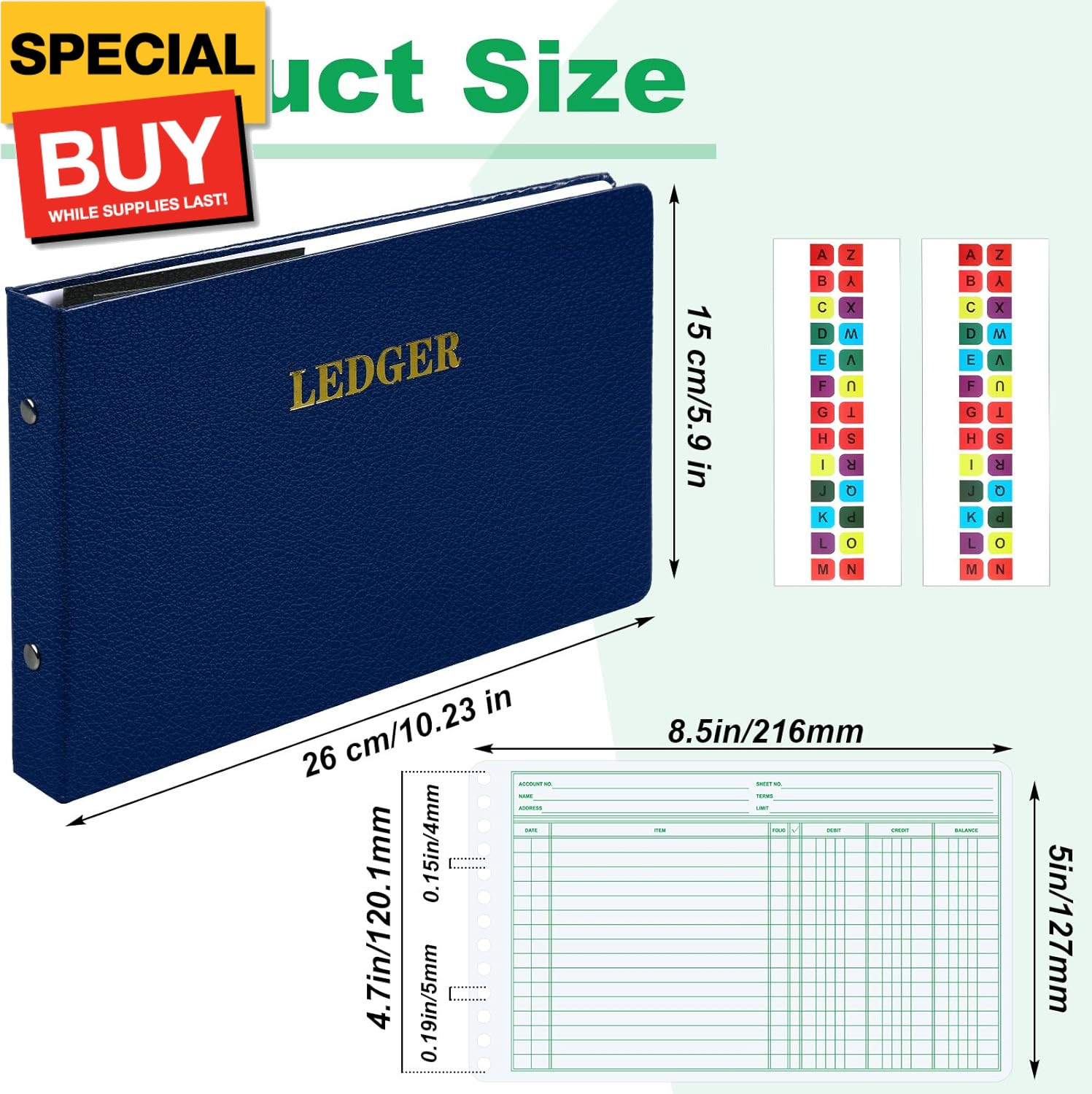 2 Pcs Ring Ledger Binder with 400 Pcs 5″ x 8.5″ Ledger Sheets Small Index Tabs L