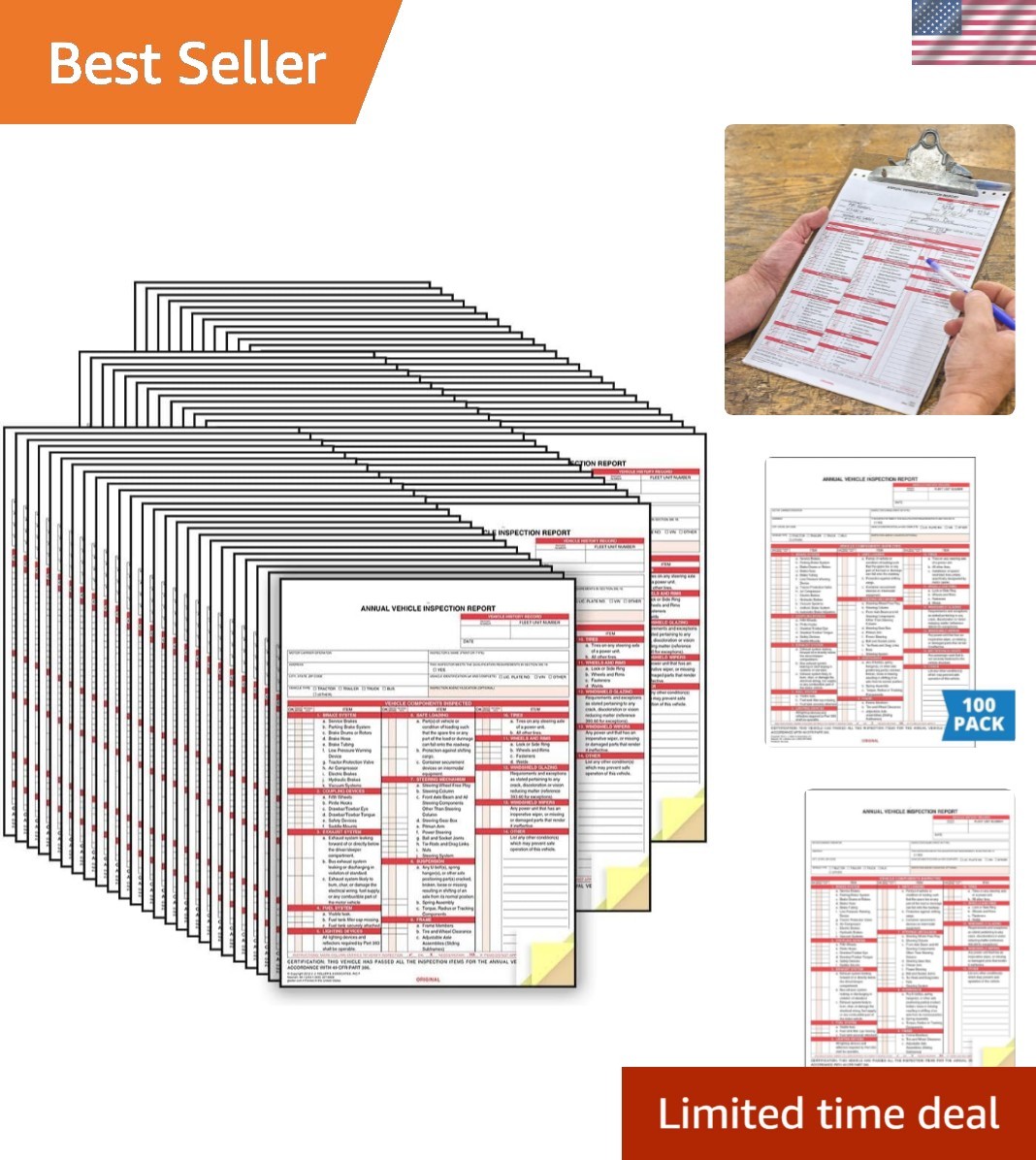 3-Ply Carbonless Vehicle Inspection Forms – 100-Pack, Compliant & Durable Design