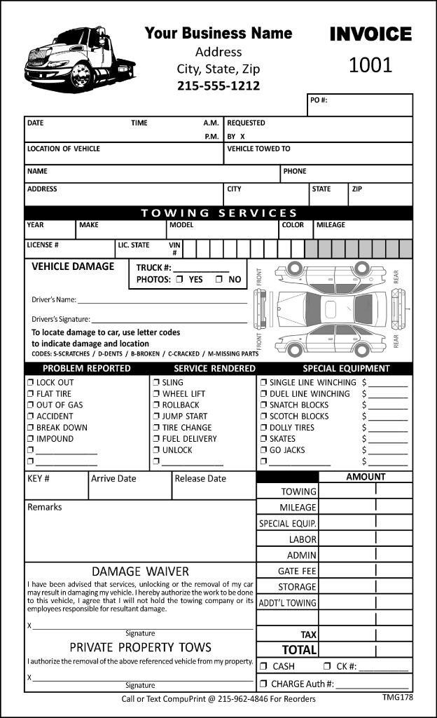 Custom Towing Road Service Forms / 2 Part or 3 Part / 5.5 x 8.5 / TMG178