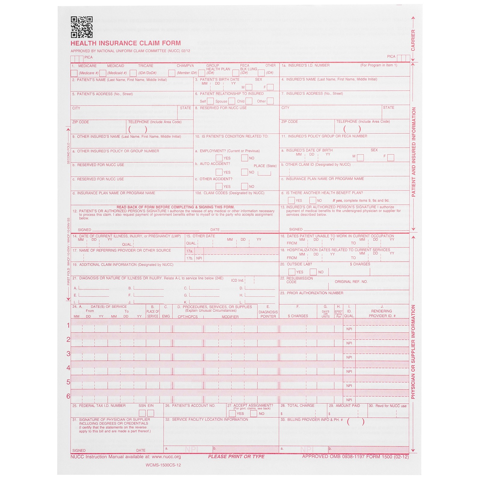 500 CMS 1500 Claim Forms, Current HCFA 02/2012 New Version Valid for HCFA 150…