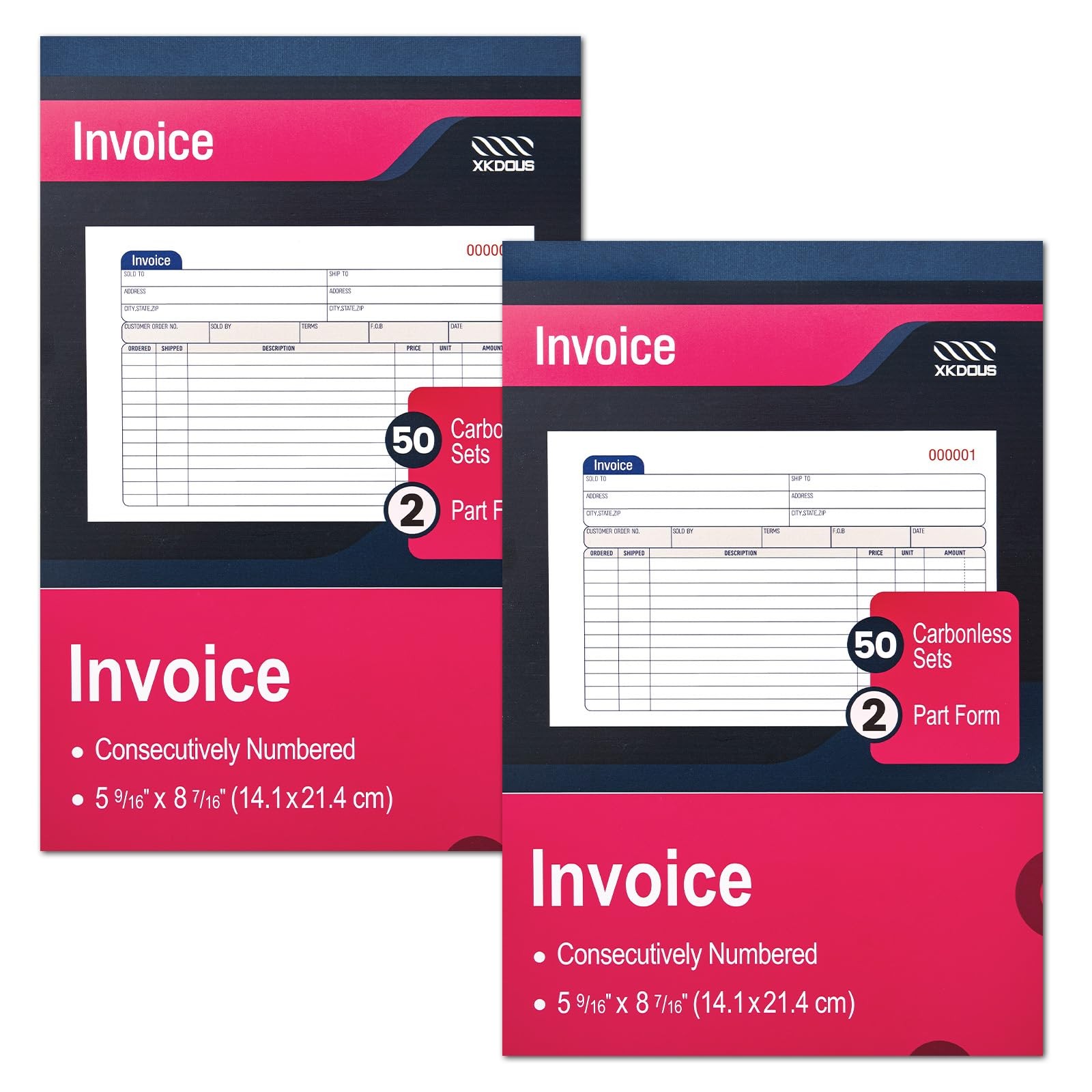2 Pack Invoice Book, 2Part Carbonless, 59/16″ x 87/16″ Invoice Receipt Book f…