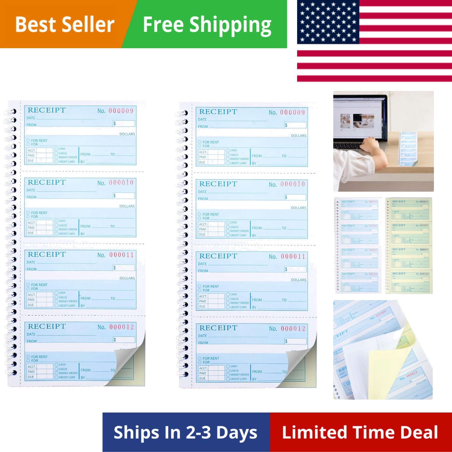 2 Packs Receipt Book with Carbon Copies,Money and Rent Receipt Book,2-Part Ca…