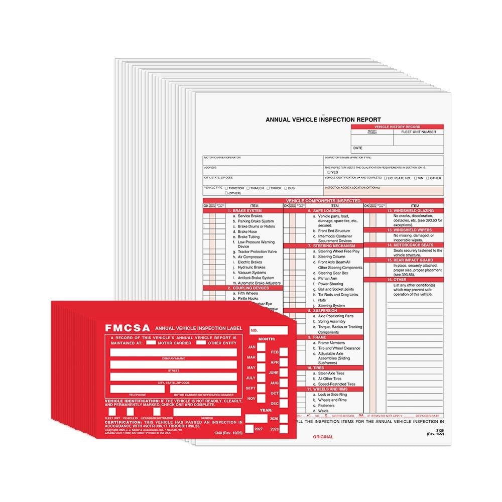 25-Pack Annual Vehicle Inspection Report Form Red FMCSA Label Aluminum 3-Ply