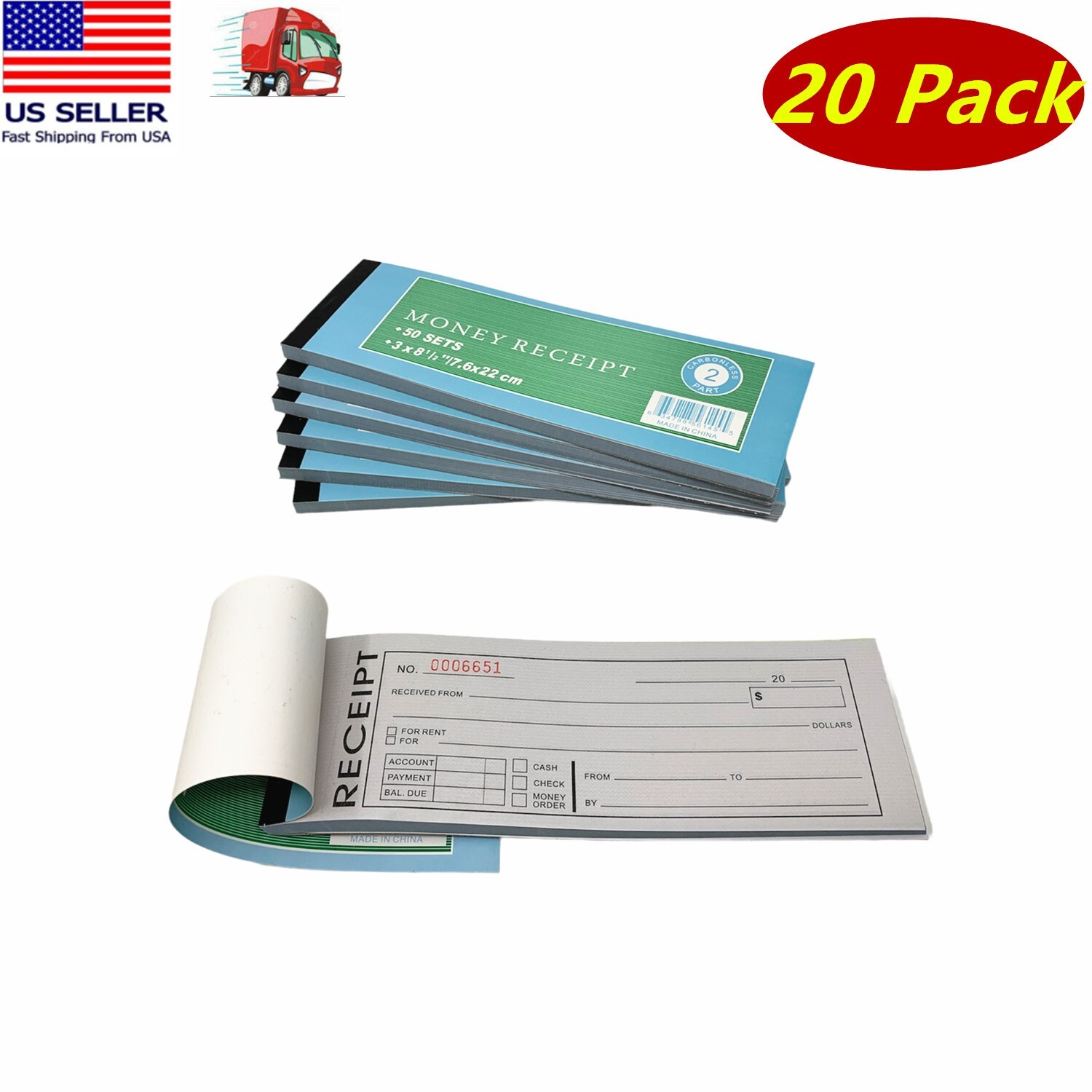 20x Carbonless Cash Money Rent receipt record book 2 part 50 set duplicate copy