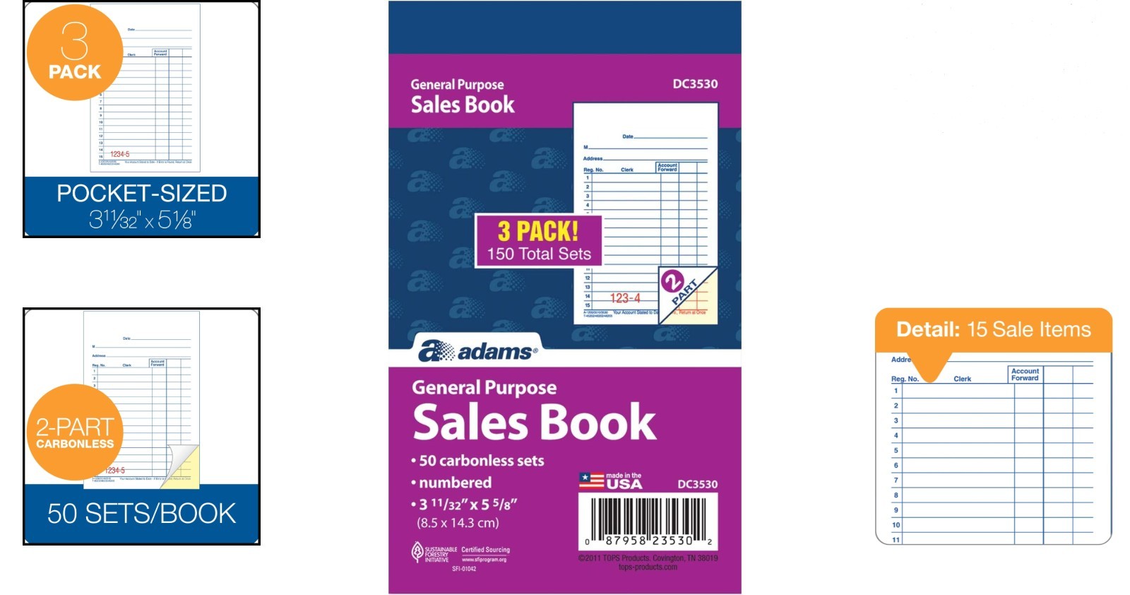 Customizable Carbonless Sales Book – 3-Pack, 2-Part with Unique Receipt Numbers