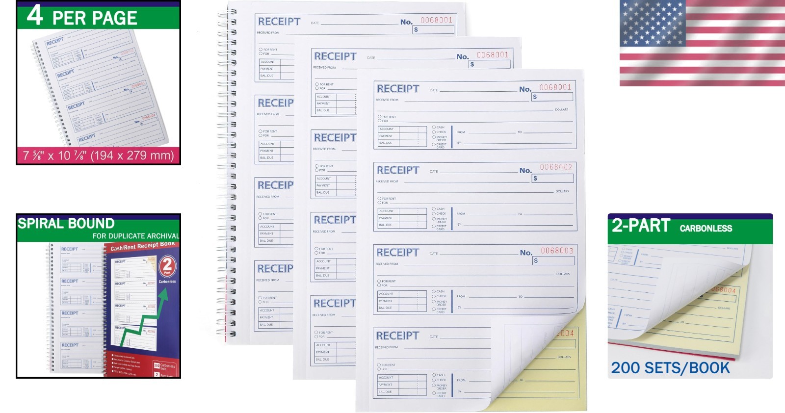 3-Pack Carbonless Rent & Money Receipt Books with Spiral Binding for Easy Use