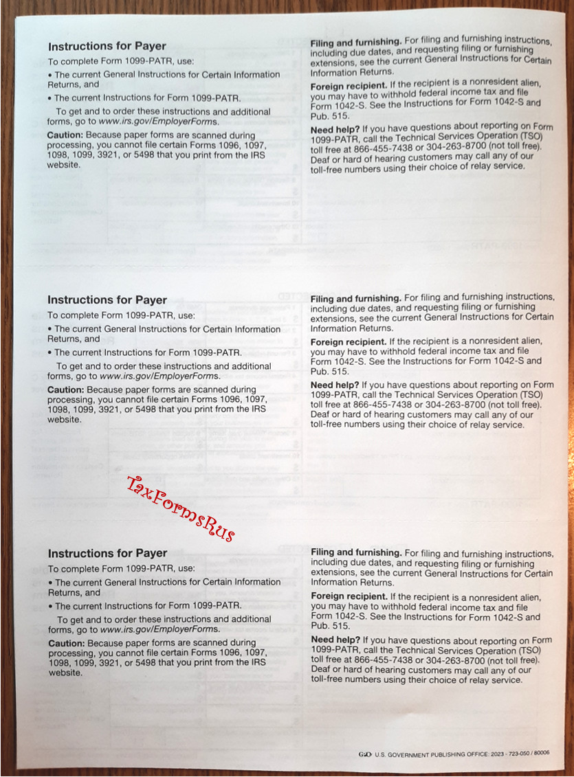 2024 IRS Tax Form 1099-PATR single sheet set 3 recipients, NONCarbonless 3pt 3UP