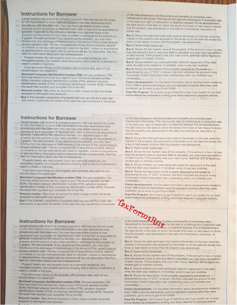 2022 IRS Tax Form 1099-A single sheet set for 3 borrowers, carbonless 3pt 3UP