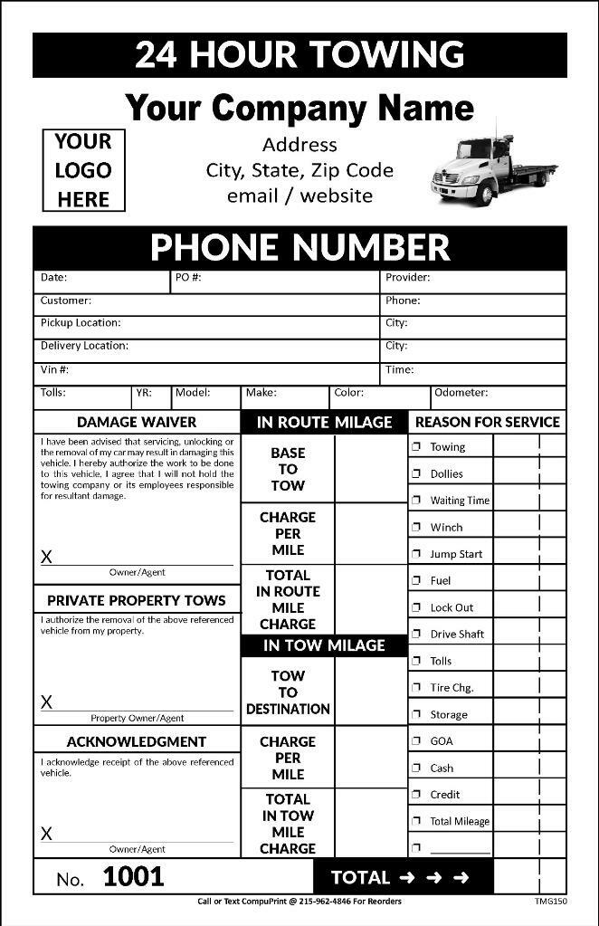 Towing Wrecker Invoice Form in Black & White / 5.5 x 8.5 / 2 or 3 Part / TMG150