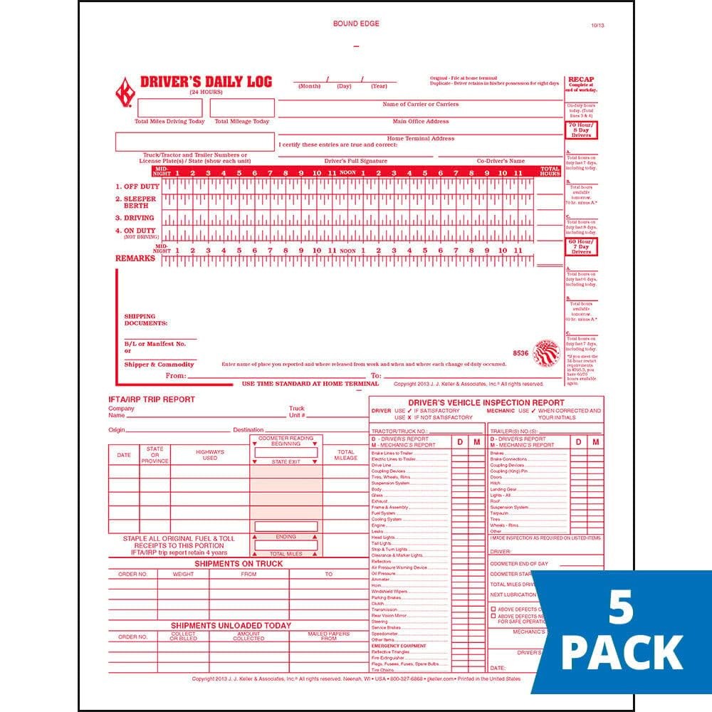 5-in-1 Driver Daily Log Book 5 Pack, Book Format with 31 Sets, 2-Ply Carbonle…