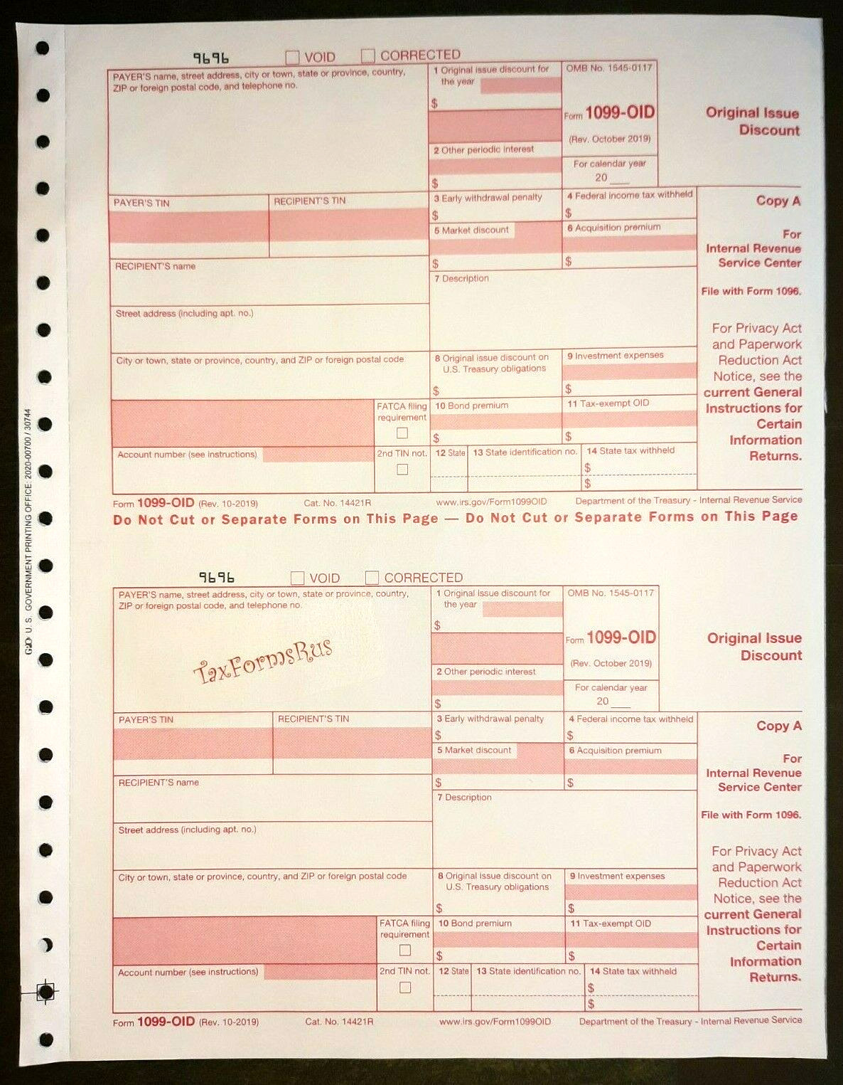 Undated IRS Tax Form 1099-OID single sheet set for 2 recipients, carbonless 5-pt