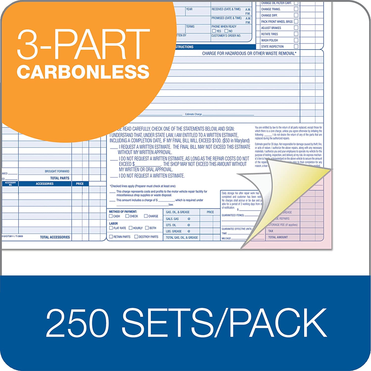 Adams Garage Auto Repair Order Forms 8.5 X 11 Inch 3 Parts 250 Count Carbonless