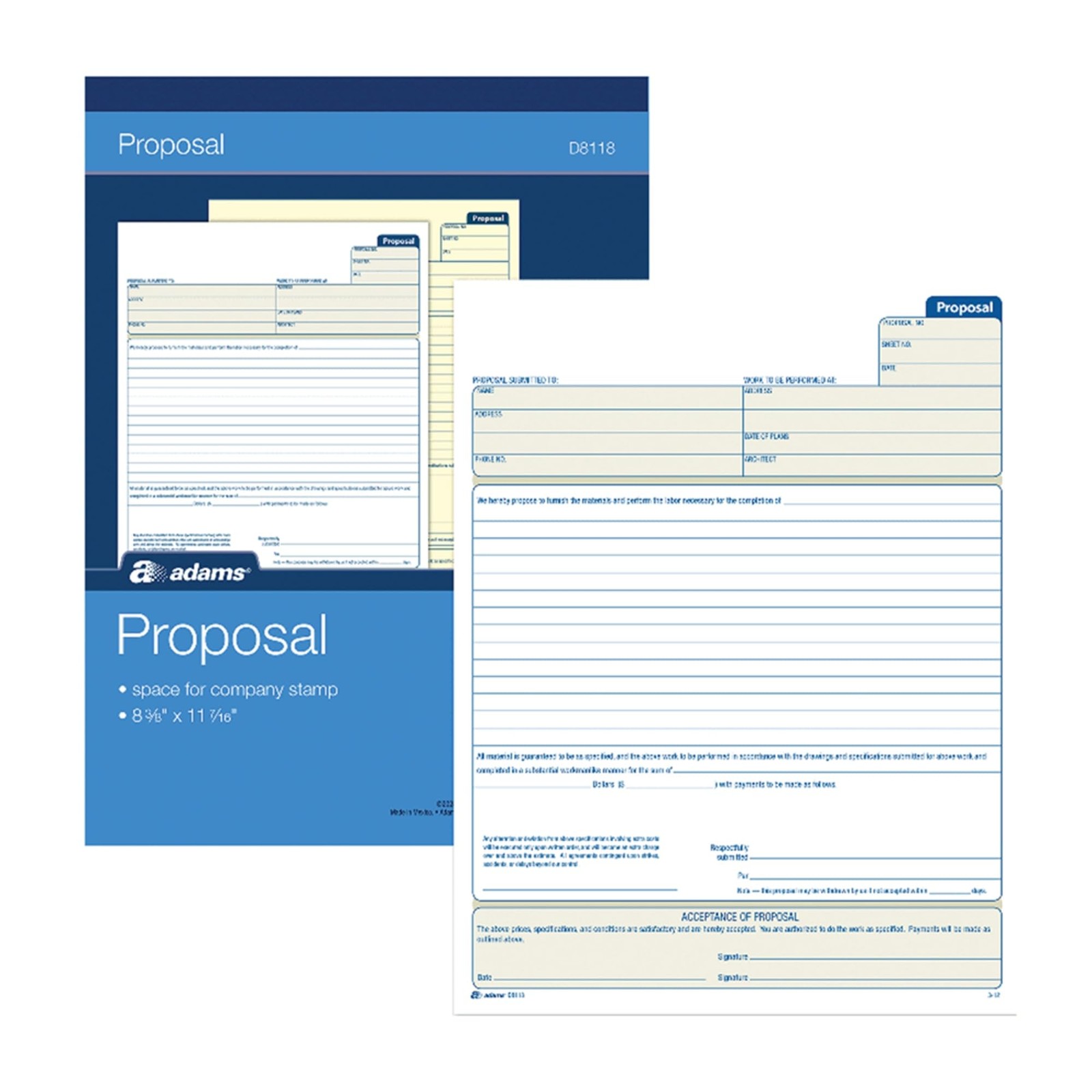 Adams Proposal Book, 2-Part with Carbon, 8.38 x 11.44 Inches, White, 50 White