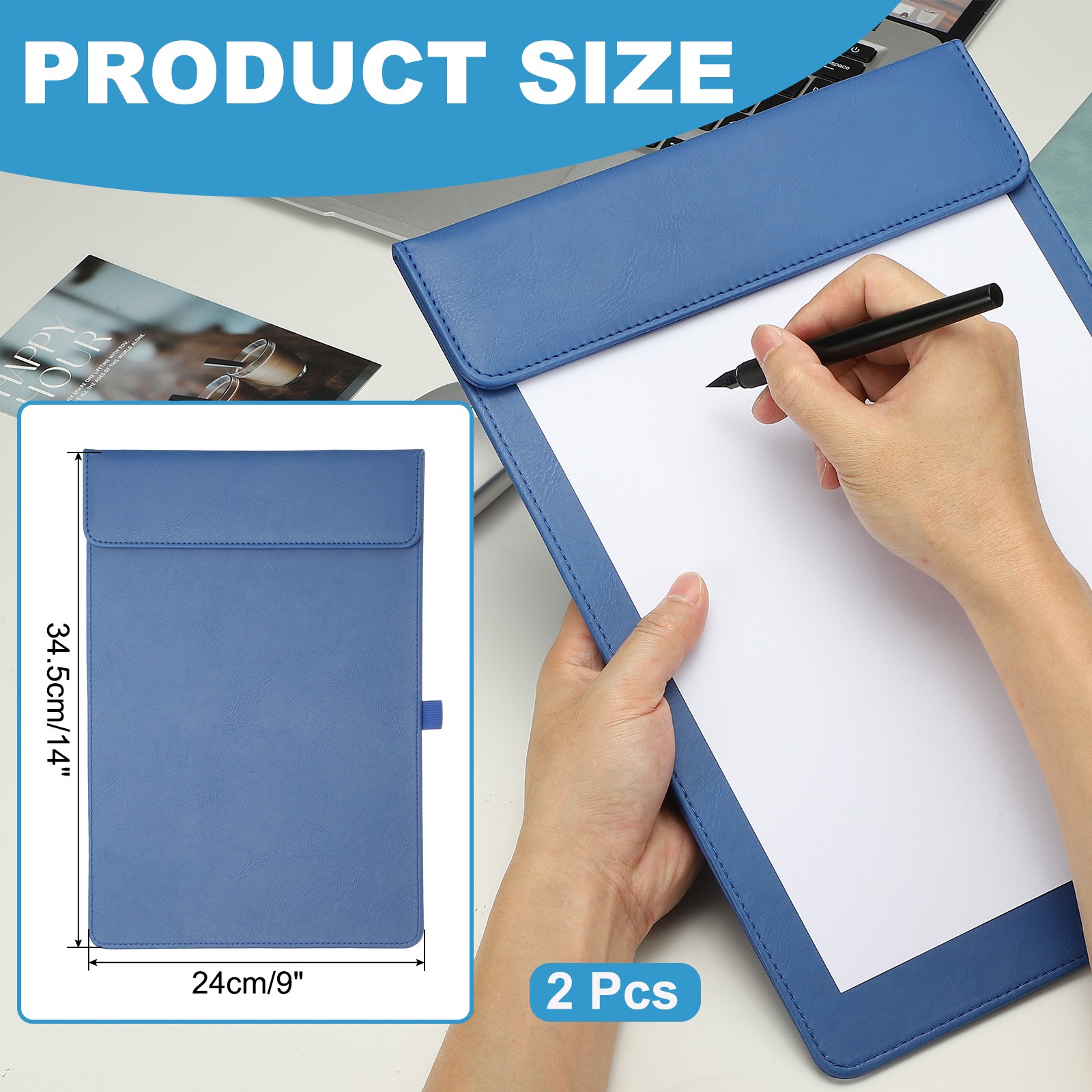 2 Pack Magnetic Leather Clipboard, 14″x9″ Clipboard with Pen Holder (Navy)