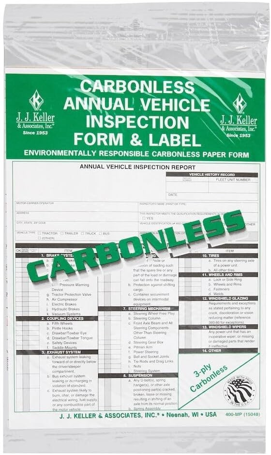 25-Pack Vehicle Inspection Report Forms with Adhesive Vinyl Labels DOT